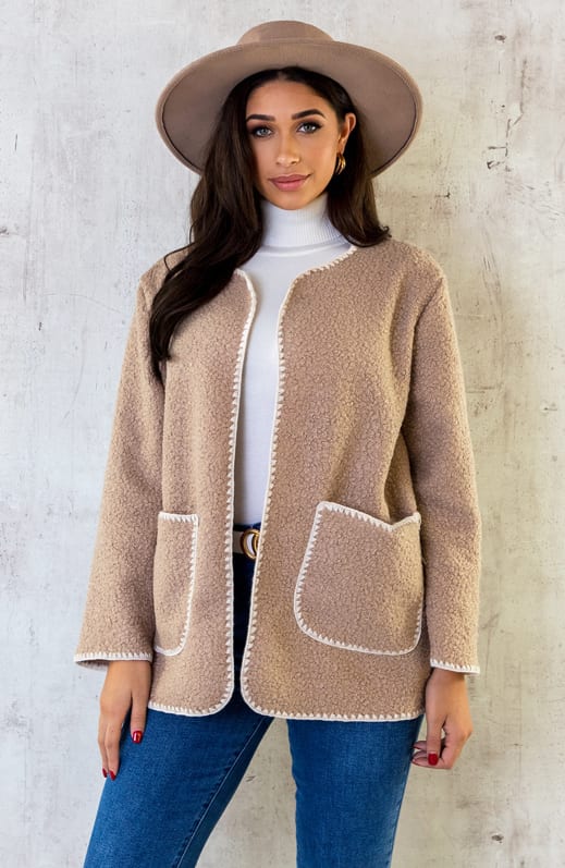 Bouclé Teddy Vest Detail Taupe – shoparchief, foto 1