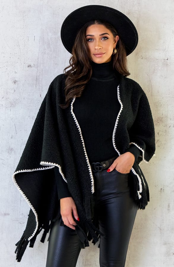Bouclé Poncho Fringes Zwart – shoparchief, foto 1