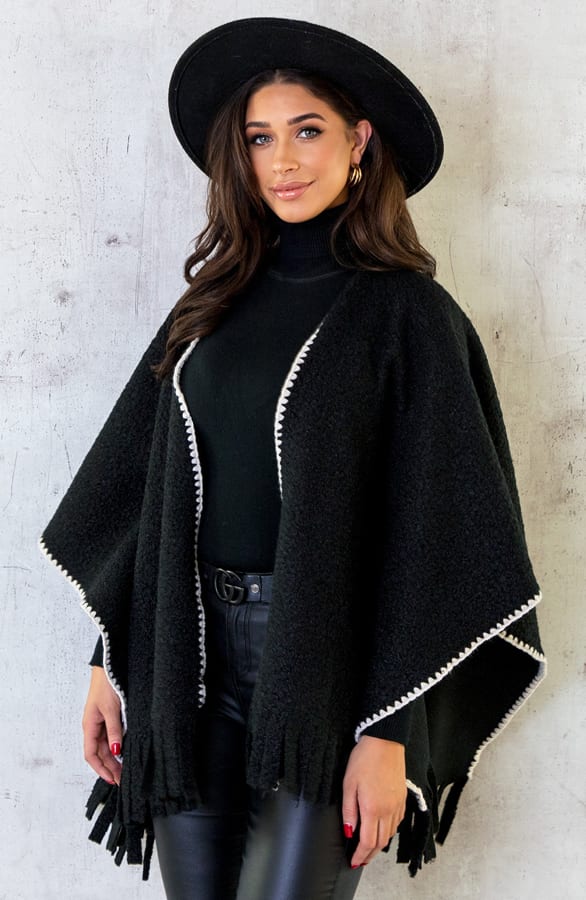 Bouclé Poncho Fringes Zwart – shoparchief, foto 5