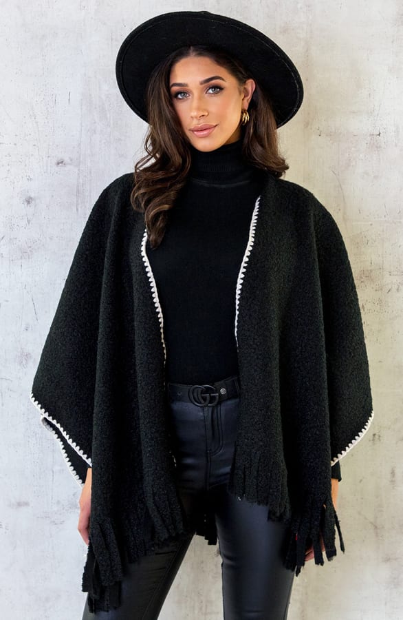 Bouclé Poncho Fringes Zwart – shoparchief, foto 2