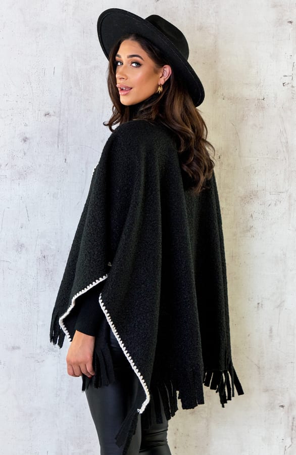 Bouclé Poncho Fringes Zwart – shoparchief, foto 3