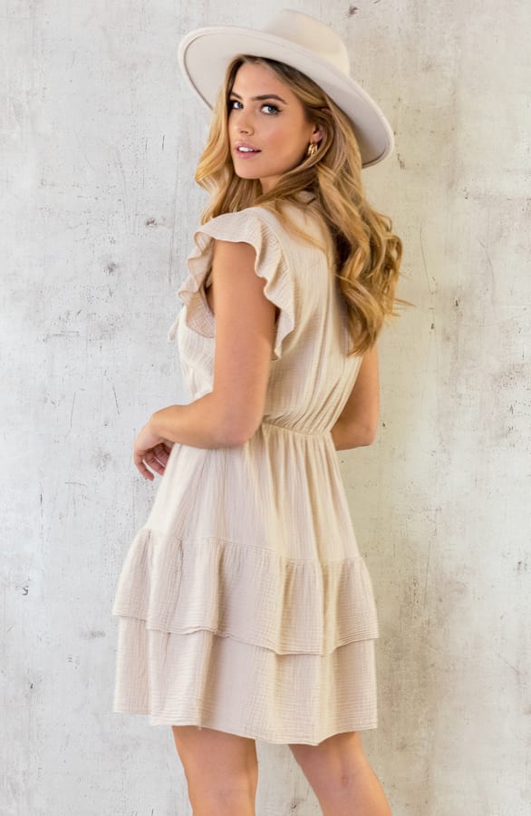 Ruffle Laagjes Jurk Mousseline Beige – shoparchief, foto 3