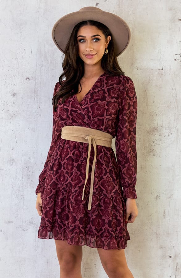 V-Hals Jurk Print Dark Pink – shoparchief, foto 1