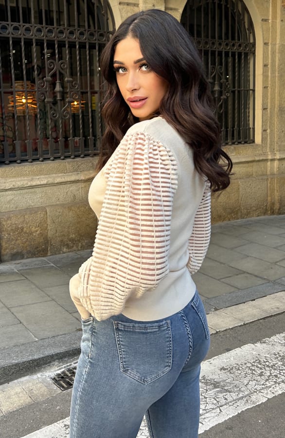 Mesh Pofmouwen Trui Beige – shoparchief, foto 3