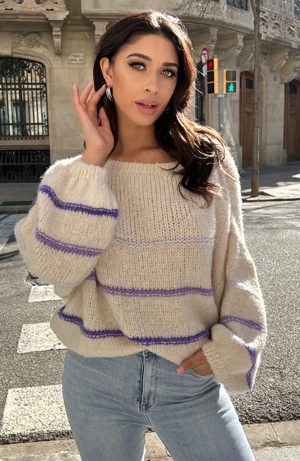 Soft Oversized Trui Stripes Ecru Paars – shoparchief, foto 2