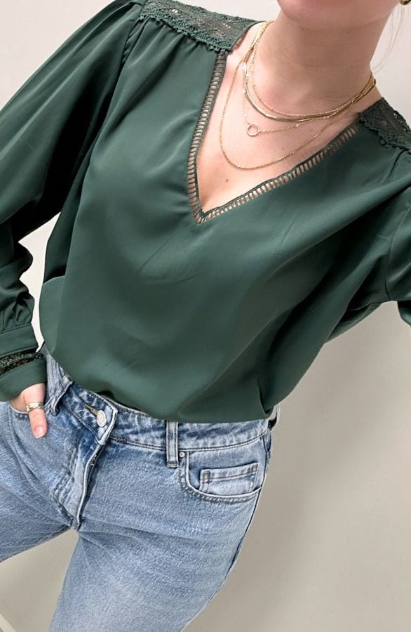 V-Hals Blouse Met Kanten Rug Army – shoparchief, foto 1