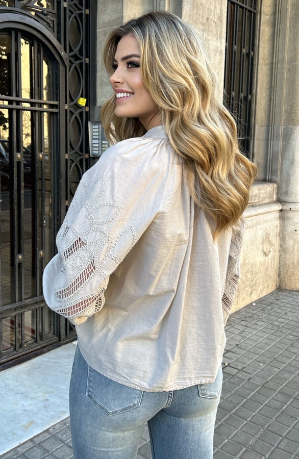 Embroidery Blouse Oversized Cotton Beige – shoparchief, foto 8