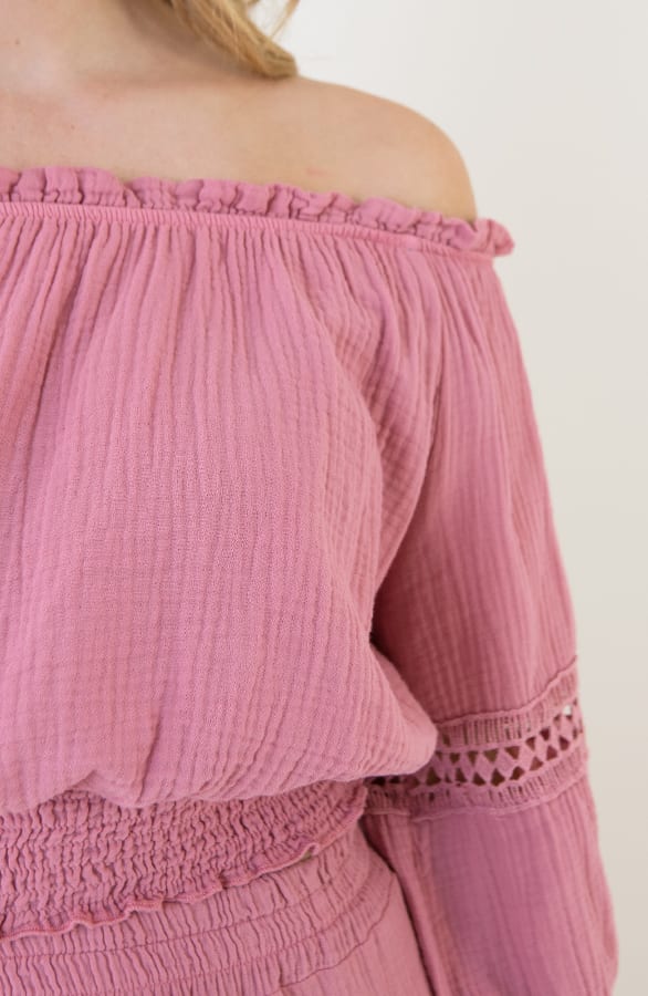 Mousseline Off Shoulder Boho Top Dust Pink – shoparchief, foto 5