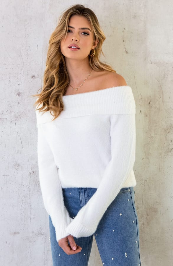 Off Shoulder Trui Off White – shoparchief, foto 3