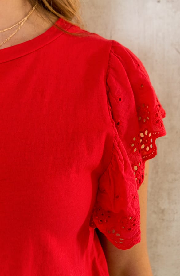 Ruffle Embroidery Top Rood – shoparchief, foto 9