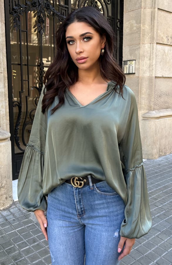 Silk Ruffle Blouse Army – shoparchief, foto 2