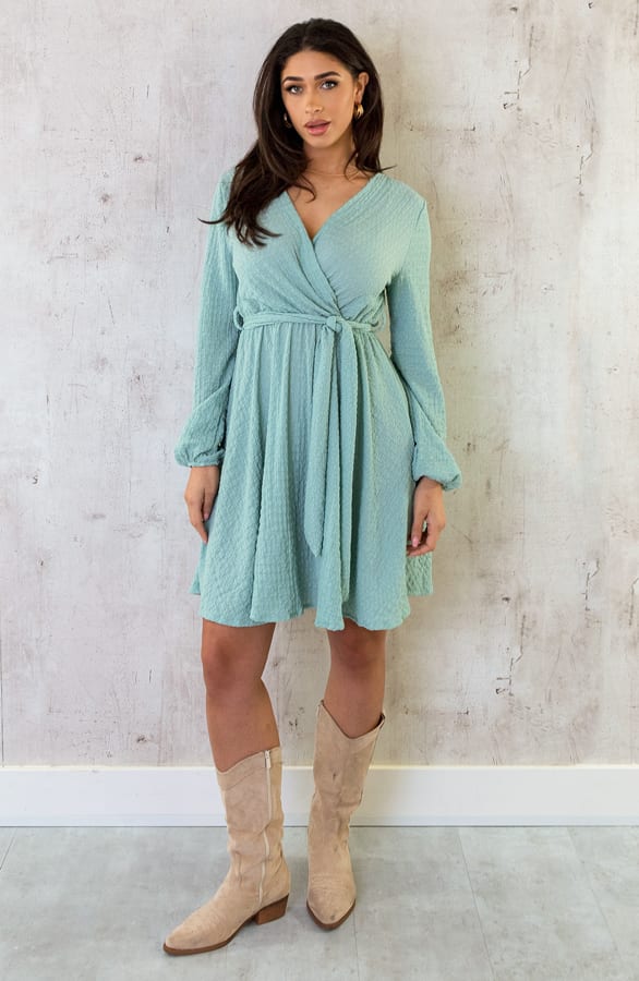 Smocked Jurk V-hals Mint – shoparchief, foto 9