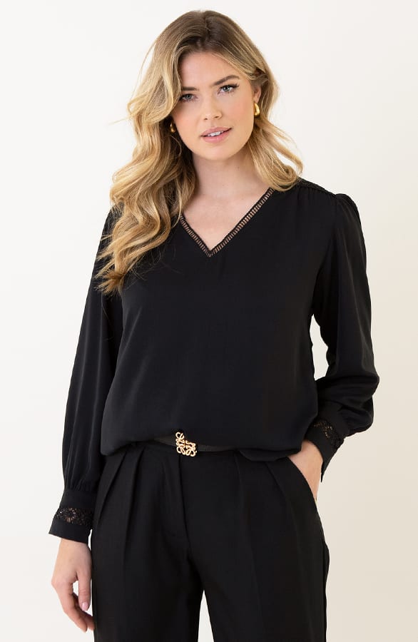 V-Hals Blouse Met Kanten Rug Zwart – shoparchief, foto 2