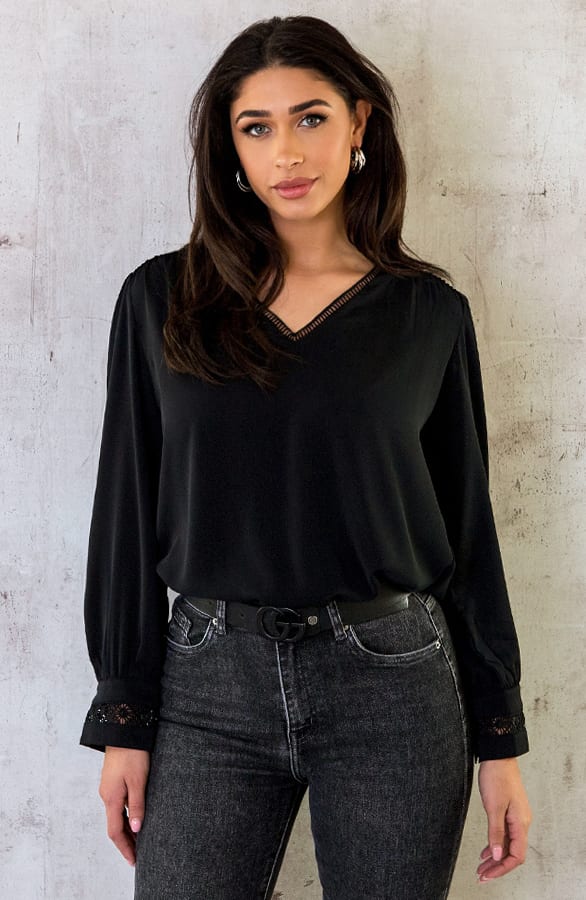 V-Hals Blouse Met Kanten Rug Zwart – shoparchief, foto 6