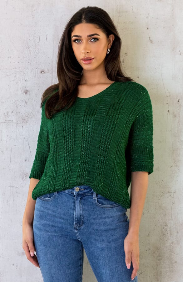 V-Hals Gehaakte Lurex Trui Dark Green – shoparchief, foto 7