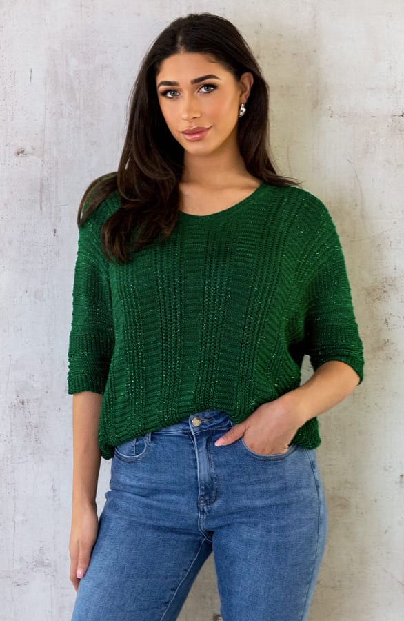 V-Hals Gehaakte Lurex Trui Dark Green – shoparchief, foto 6