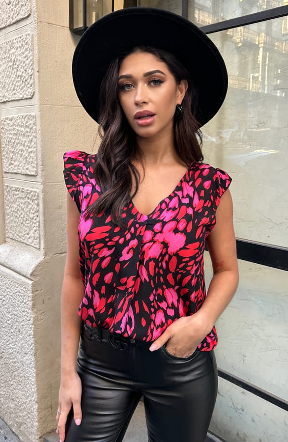 V-hals Roze Zwart Ruffle Top 2.0 – shoparchief, foto 7