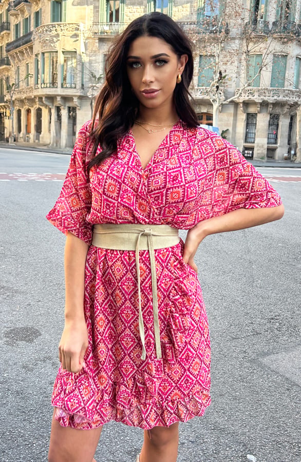 Ruffle Laagjes Jurk Print Aztec Pink – shoparchief, foto 6