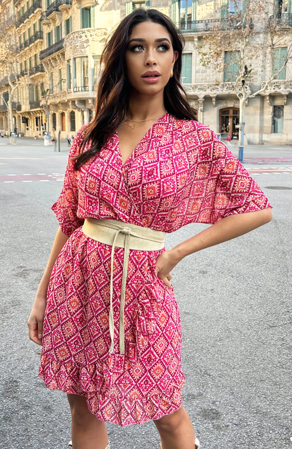 Ruffle Laagjes Jurk Print Aztec Pink – shoparchief, foto 5