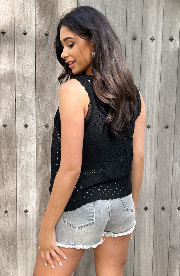 Boho Gehaakt Detailed Gilet Zwart – shoparchief, foto 5