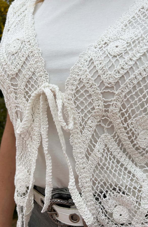 Lang Gehaakt Gilet Boho Wit – shoparchief, foto 6