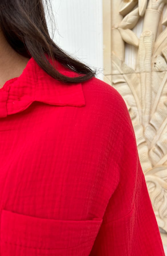 Mousseline Button Blouse Red – shoparchief, foto 6