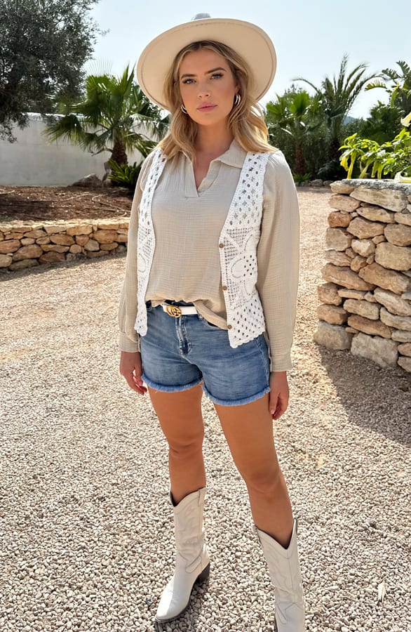 Oversized V-hals Blouse Mousseline Beige – shoparchief, foto 5