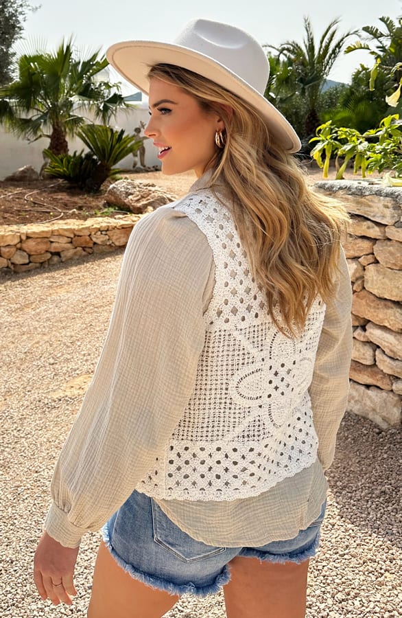 Oversized V-hals Blouse Mousseline Beige – shoparchief, foto 4