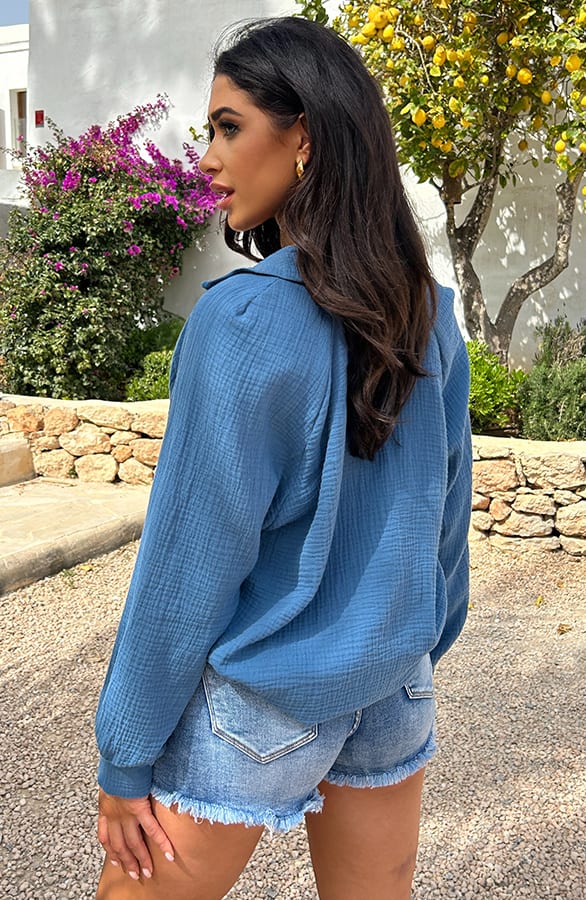Oversized V-hals Blouse Mousseline Jeansblauw – shoparchief, foto 3