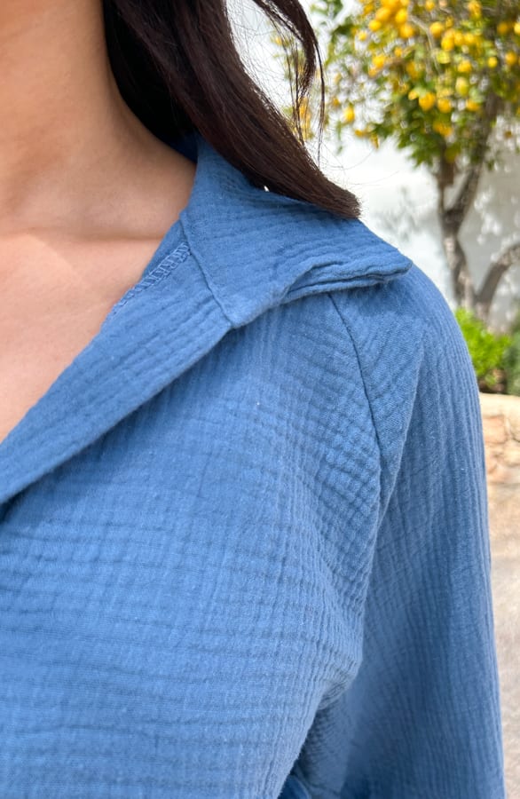 Oversized V-hals Blouse Mousseline Jeansblauw – shoparchief, foto 5