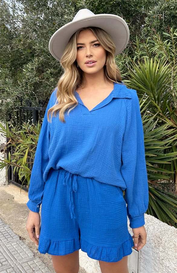 Oversized V-hals Blouse Mousseline Kobalt – shoparchief, foto 2