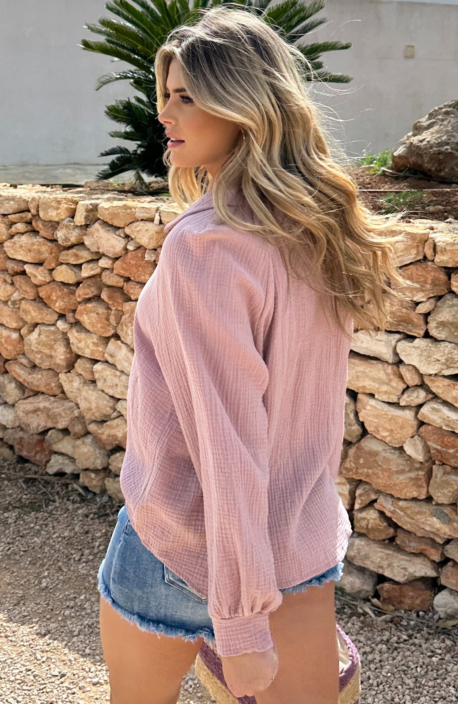 Oversized V-hals Blouse Mousseline Roze – shoparchief, foto 5