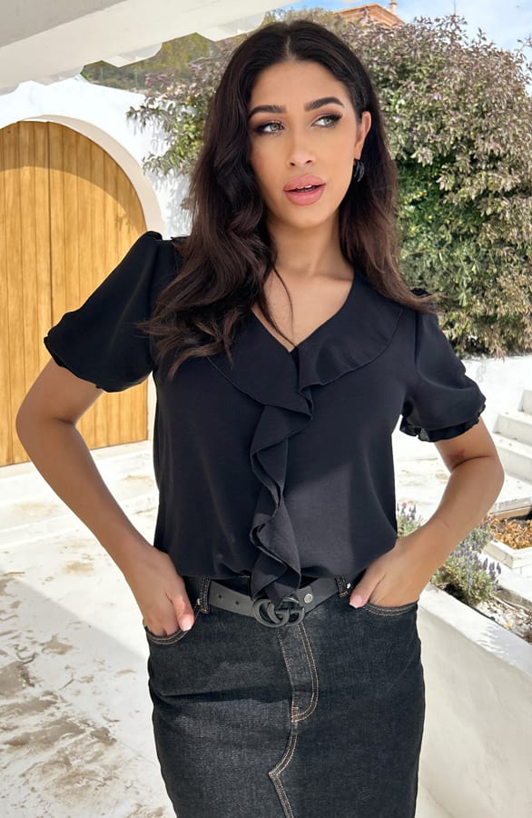 Rüschen Bluse Kurzarm Schwarz, Tops, Foto 3