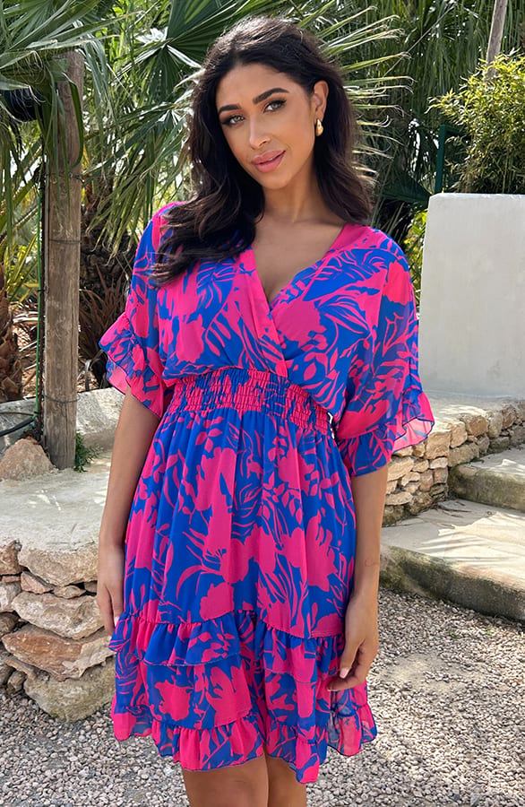 Ruffle Laagjes Jurk Print Fuchsia Kobalt – shoparchief, foto 7