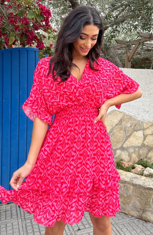 Ruffle Laagjes Jurk Print Roze Rood – shoparchief, foto 4