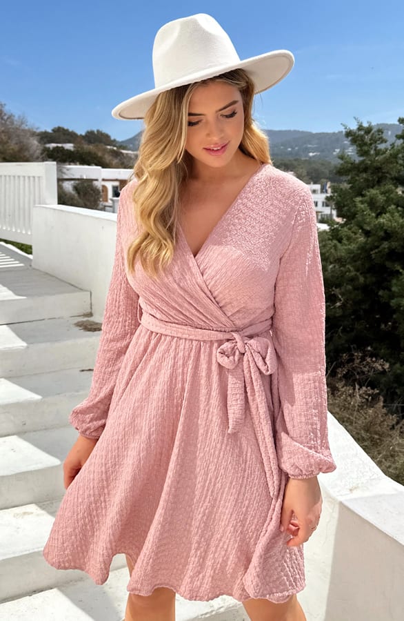Smocked Jurk V-hals Light Pink – shoparchief, foto 2