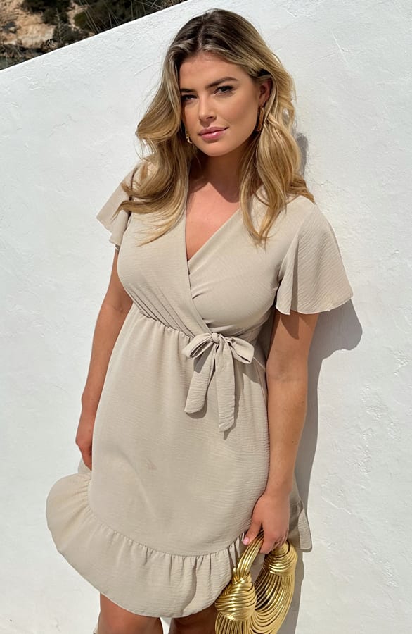 Toscane V-hals Jurk Beige – shoparchief, foto 1