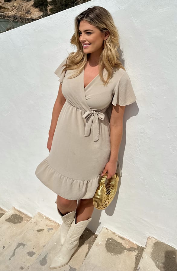 Toscane V-hals Jurk Beige – shoparchief, foto 4