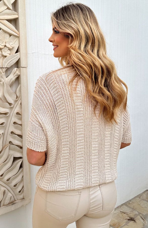 V-Hals Gehaakte Lurex Trui Beige – shoparchief, foto 3