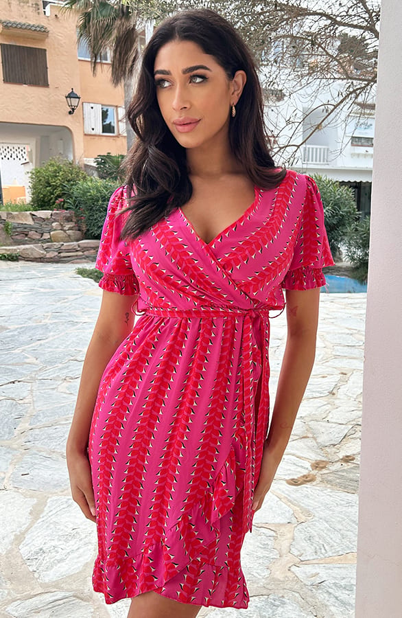 V-hals Jurk Ruffle Overslag Roze – shoparchief, foto 3