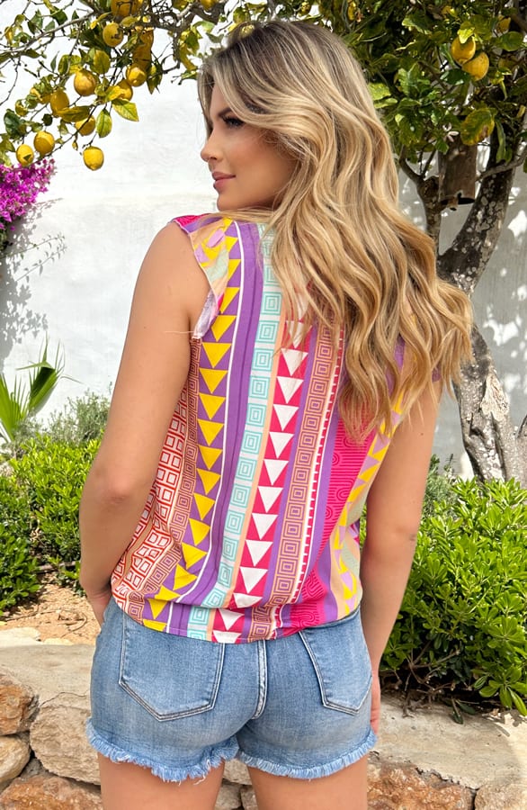 V-hals Multicolor Aztec Ruffle Top 2.0 – shoparchief, foto 4