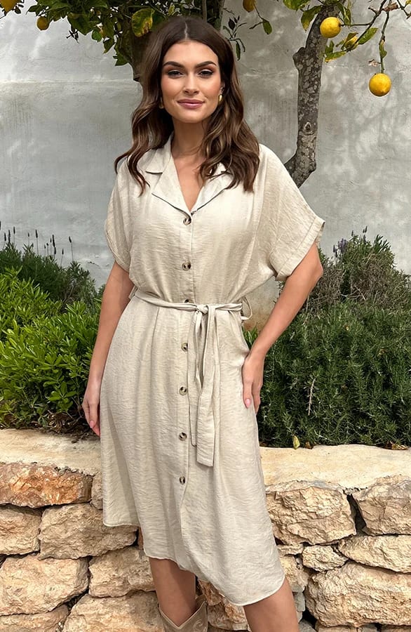 Knopen Midi Jurk Beige – shoparchief, foto 1