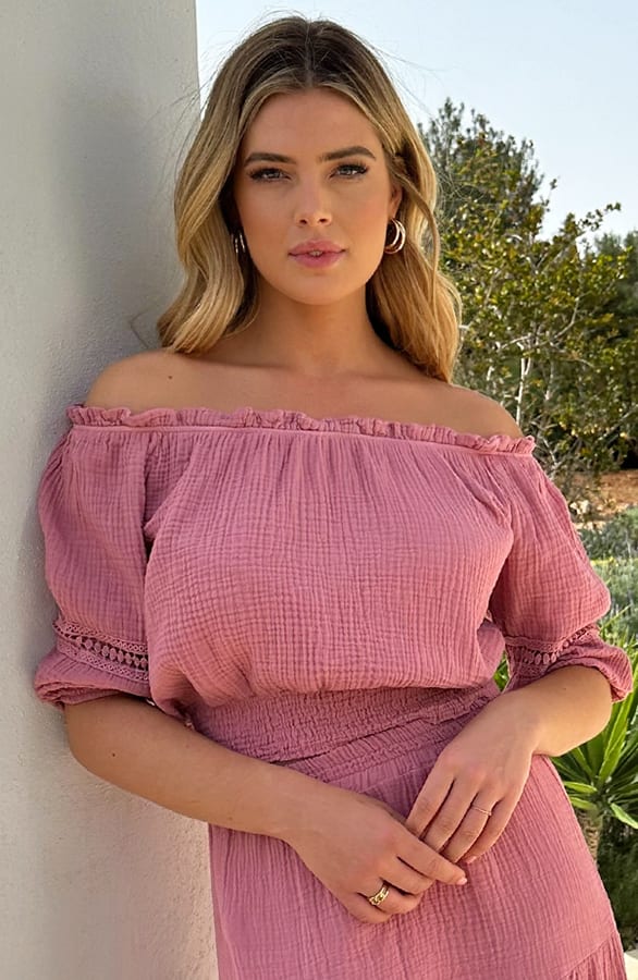 Mousseline Off Shoulder Boho Top Dust Pink – shoparchief, foto 1