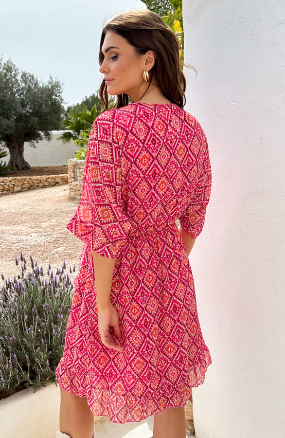 Ruffle Laagjes Jurk Print Aztec Pink – shoparchief, foto 4