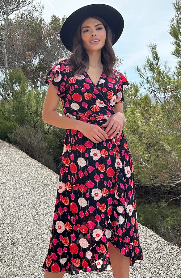 Bloemen Midi Jurk Zwart – jurken, foto 3