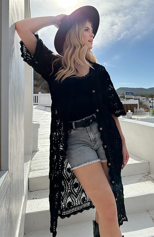 Boho Kimono Lang Gehaakt Zwart – shoparchief, foto 5