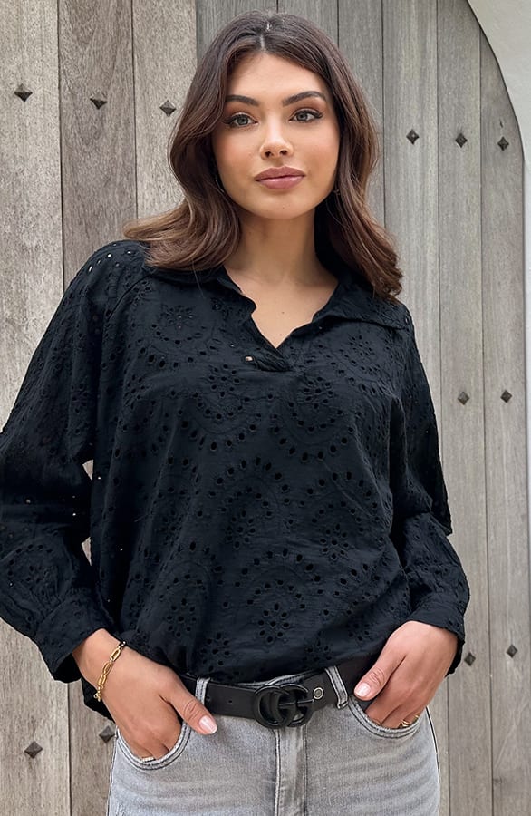 Embroidery Oversized Blouse Zwart – shoparchief, foto 2