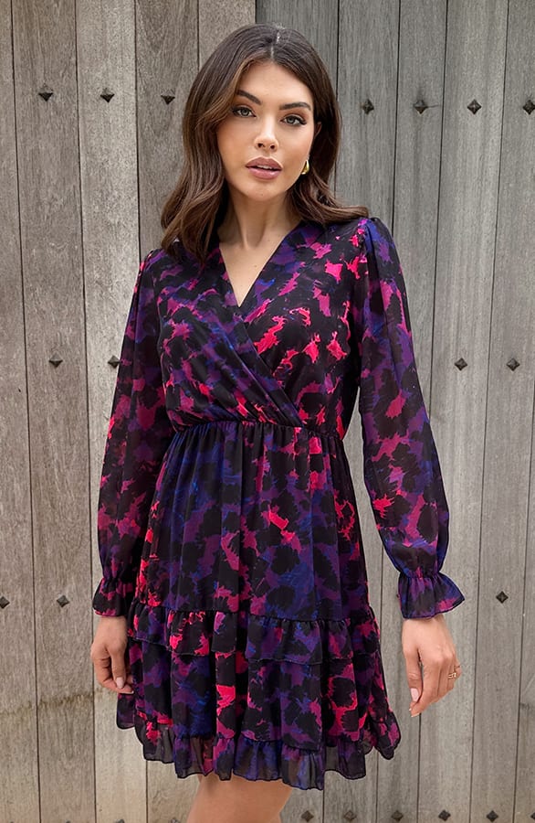Exclusive Print V-Hals Dress Leopard Dark Purple – shoparchief, foto 4