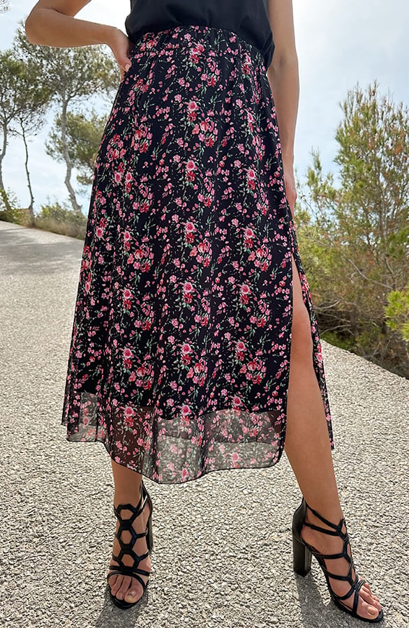 Midi Bloemen Split Rok Zwart – shoparchief, foto 1
