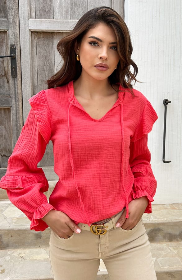 Ruffle Sleeve Blouse Mousseline Koraal – shoparchief, foto 2